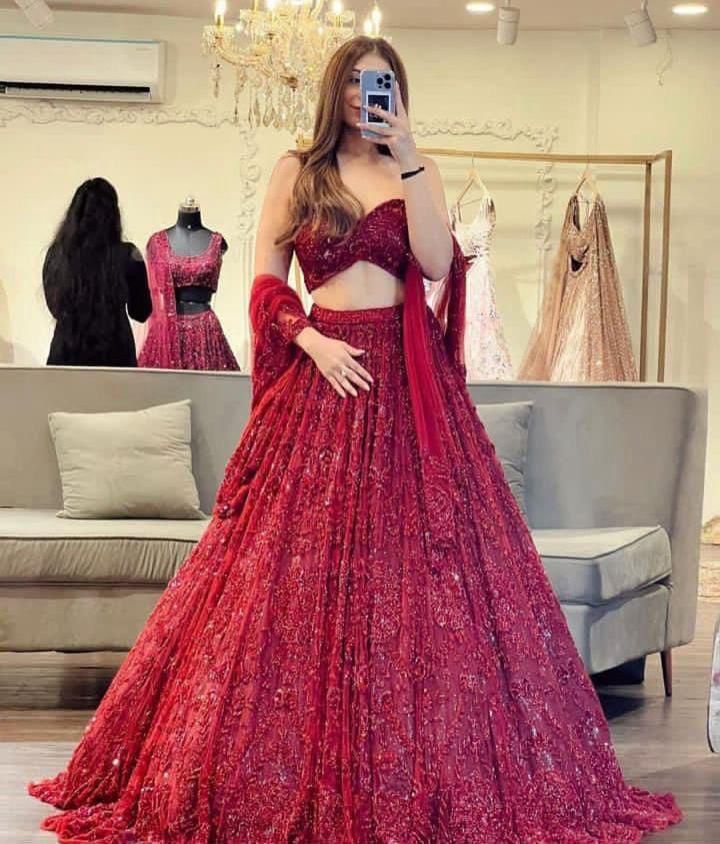 Mesmerizing Maroon Soft Net Semi Stitched Wedding Lehenga 2011