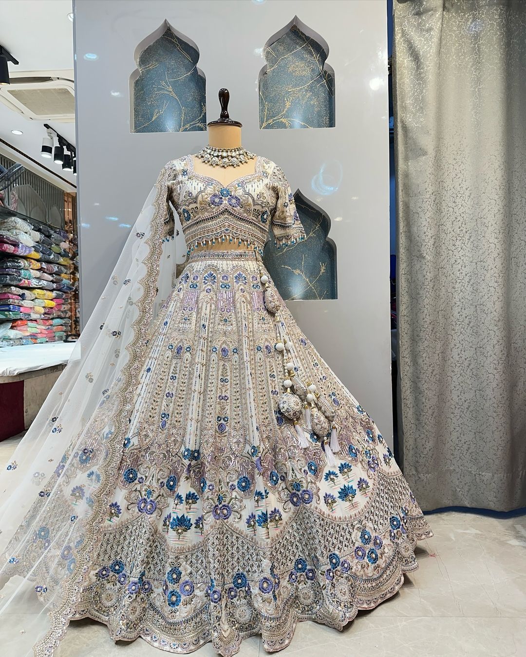 White & Blue Satin Silk Heavy Embroidery Diamond Work Semi Stitched Bridesmaid Lehengas 1083