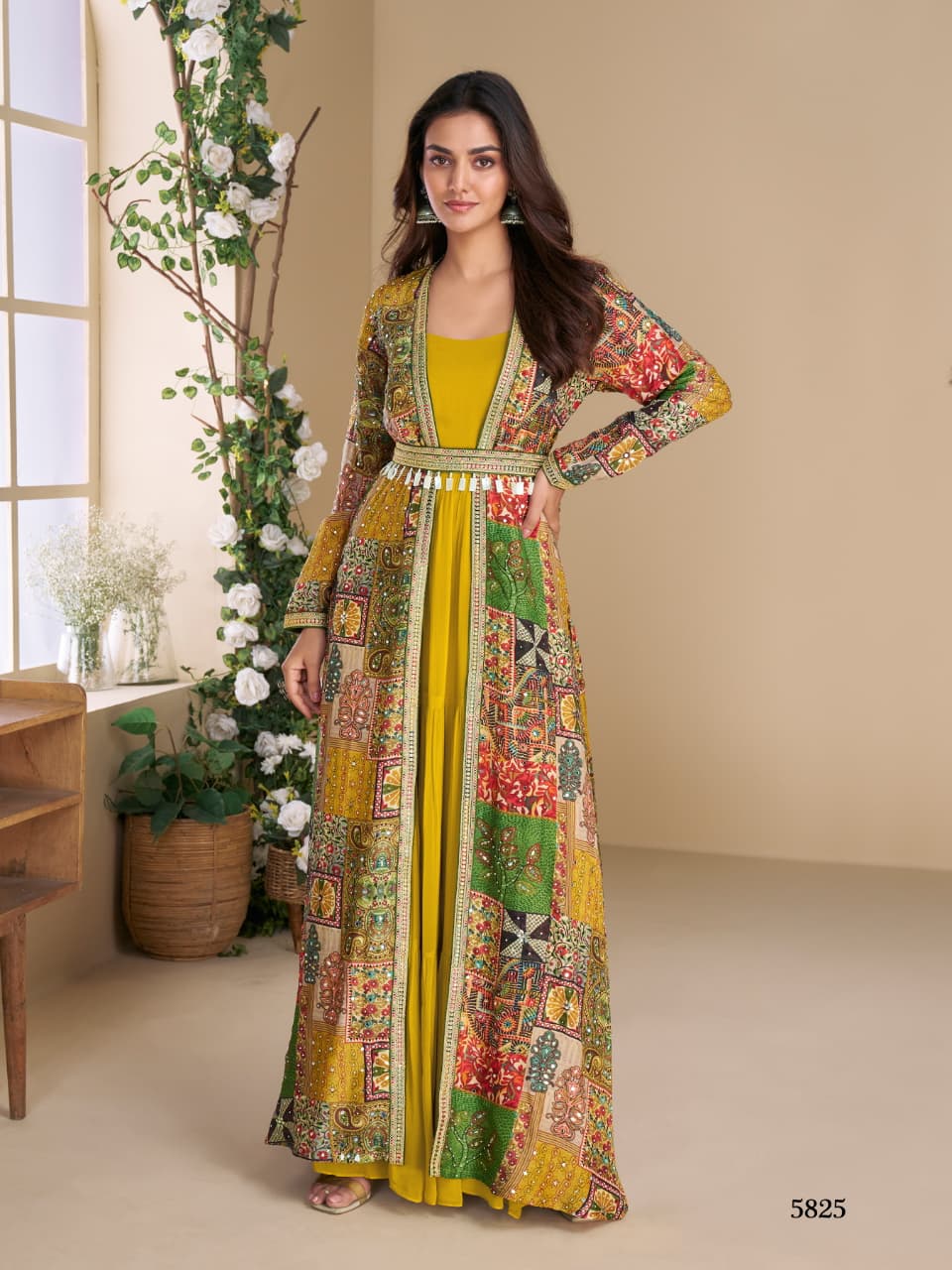 Indowestern Two Piece Long Gown N Jacket With Belt 5824