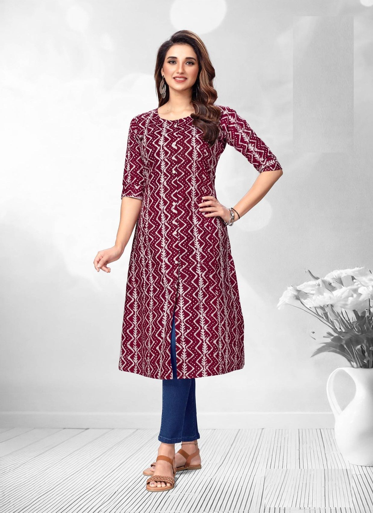 Maroon Printed A Line Cotton Kurtis 2002