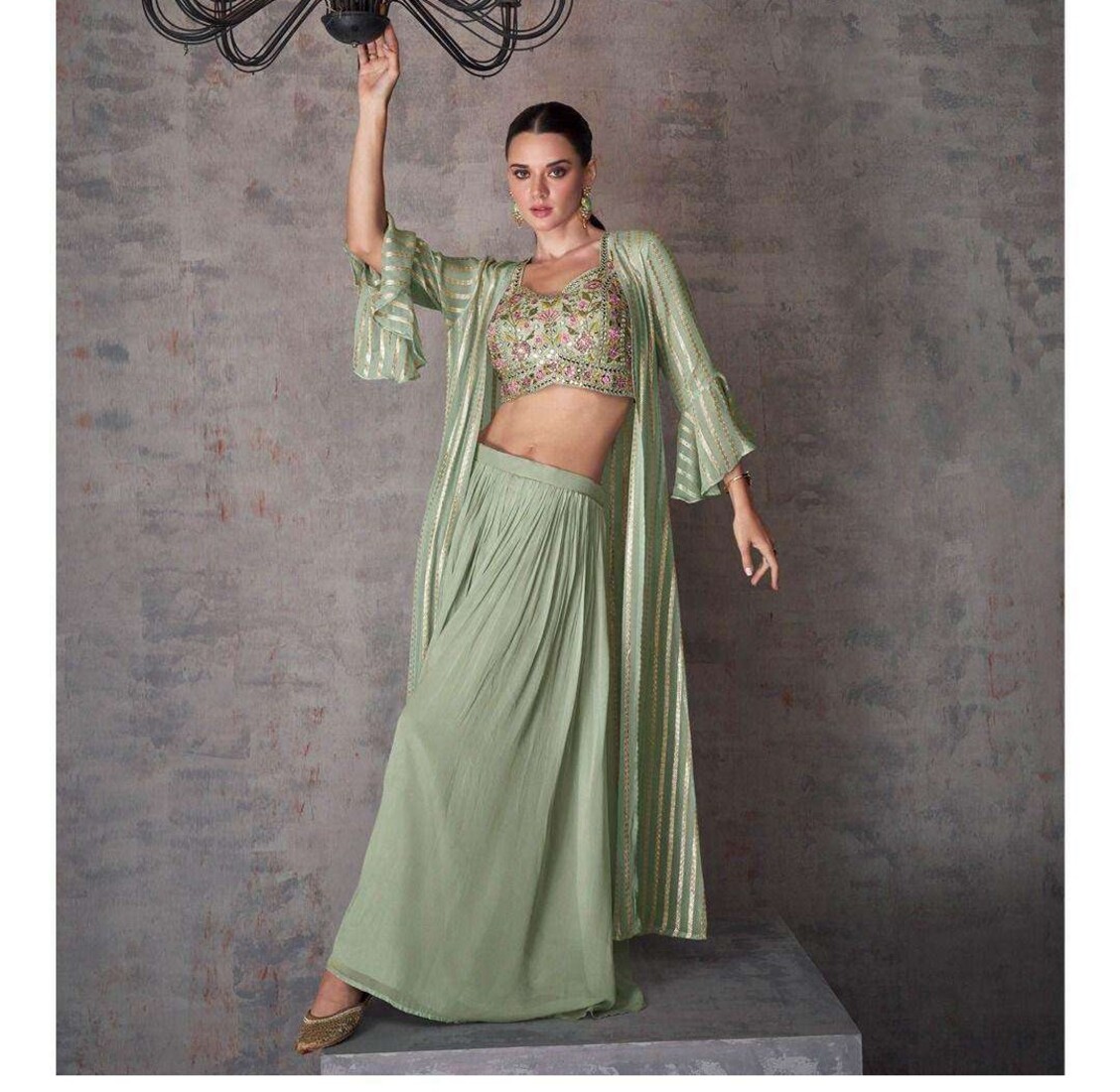 Mint Green Heavy Sequins Work Wedding Indowestern Crop Top, Palazzo & Shrug Set 5468