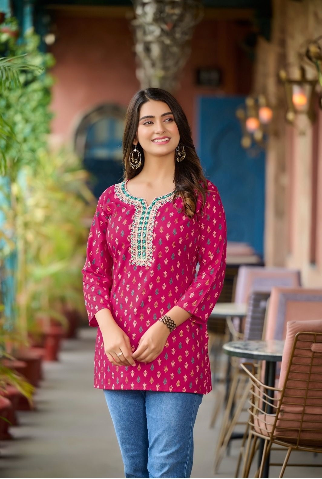 Dark Pink Rayon Cotton Mirror Work Short Kurti 107
