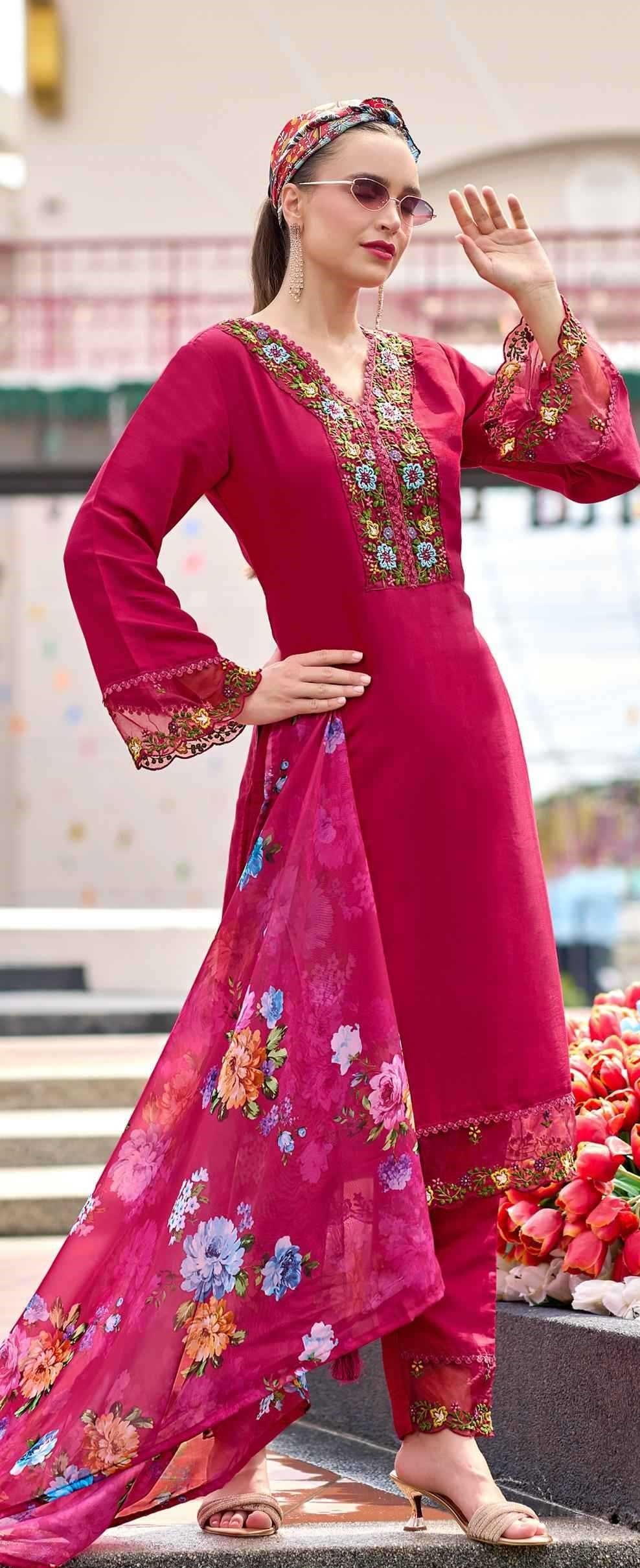 Rose Pink Roman Silk Floral Handwork Embroidery Suit With Organza Printed Dupatta 1002