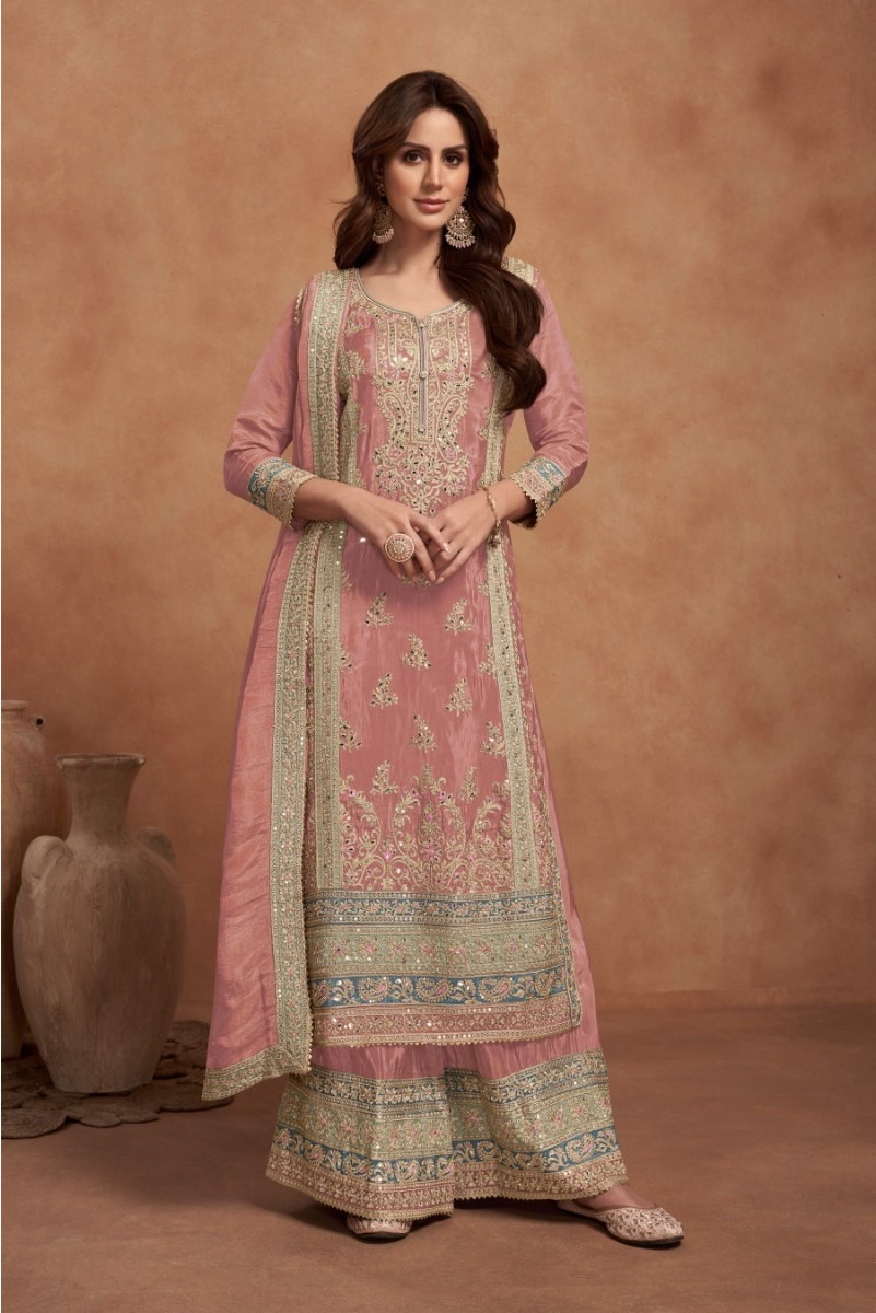 Heavy Embroidery Full Stitched Silk Wedding Palazzo Suits 7453