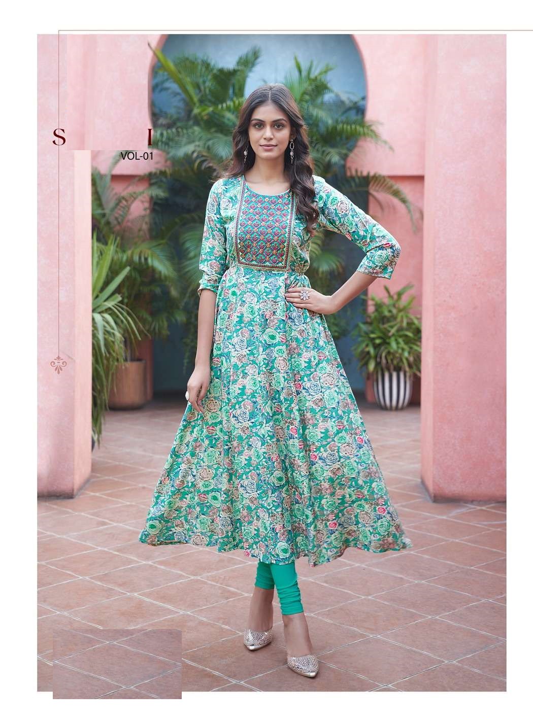 Light Blue Heavy Cotton Floral Print With Embroidery Anarkali Kurti 1002
