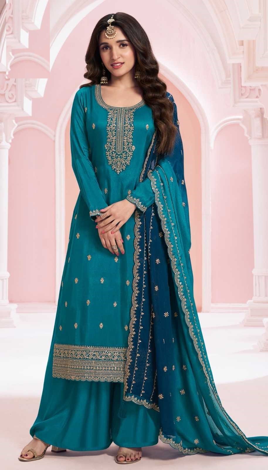 Peacock Blue Georgette Silk Embroidery Plus Size Full Stitched Suits 69454