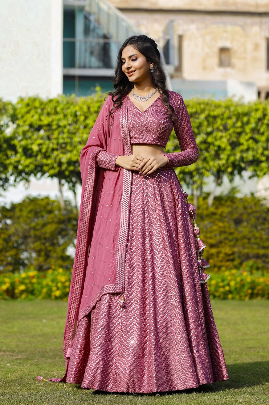 Rose Pink Heavy Georgette Mirrow Work Wedding Lehenga V3-352