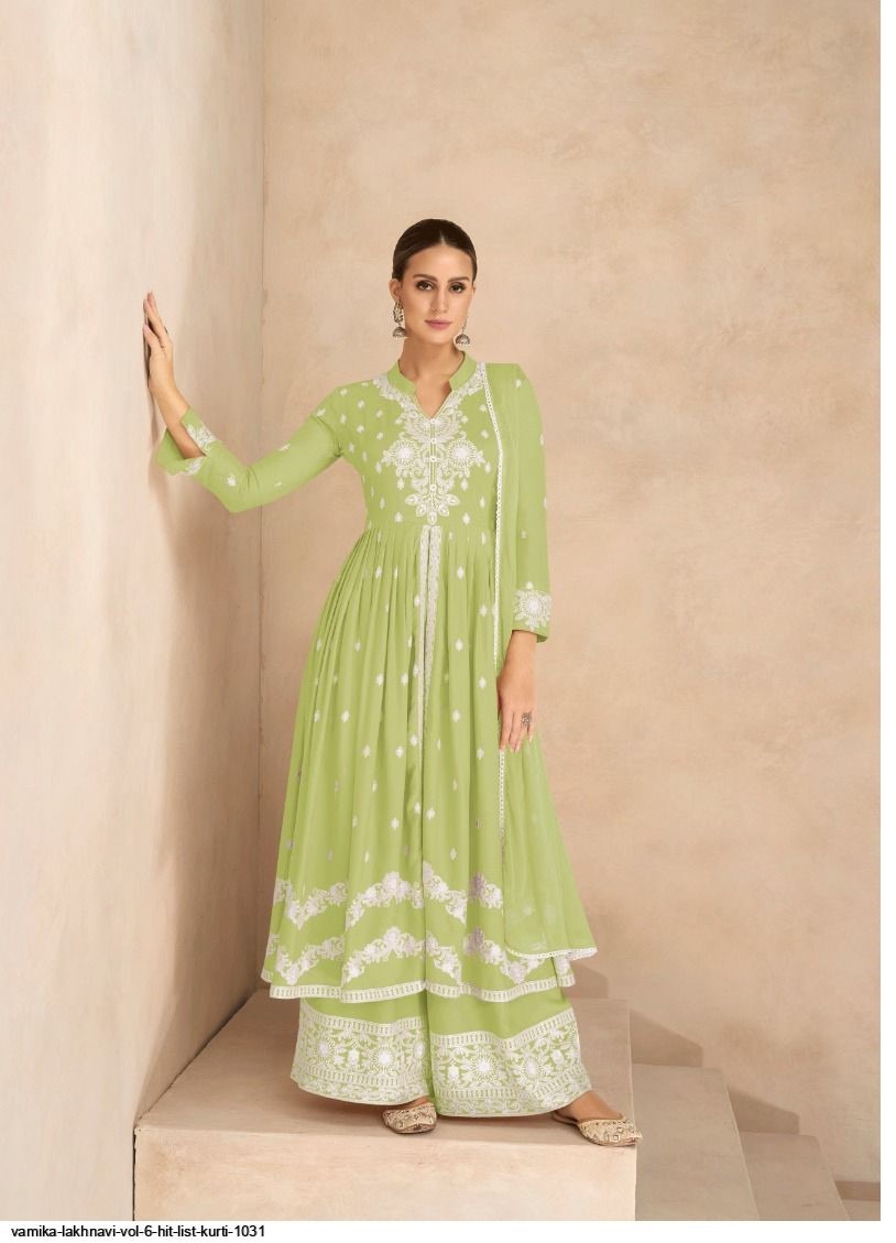 Light Green Rayon Lucknowi Casual Wear Palazzo Suits 1031L