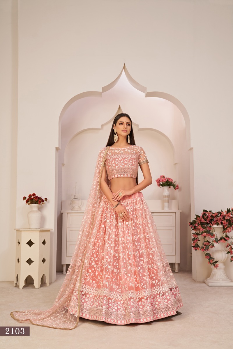 Beautiful Embroidered Sequins Work Semi Stitched Net Lehengas For Weddings 2103