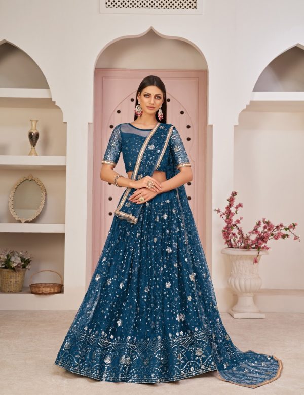 Designer Embroidered Sequins Work Semi Stitched Net Lehengas For Weddings 2107