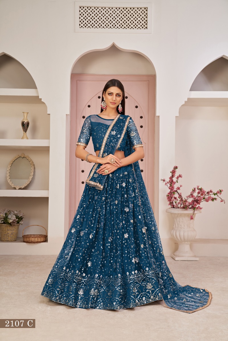 Designer Embroidered Sequins Work Semi Stitched Net Lehengas For Weddings 2107
