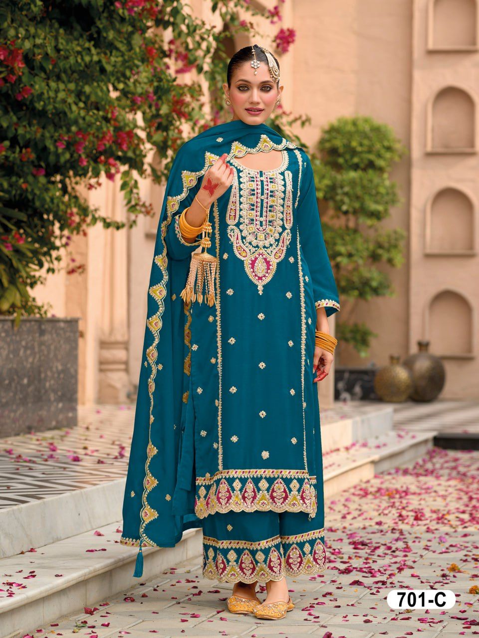 Chinon Silk Embroidered Full Stitched Wedding Palazzo Suits 701