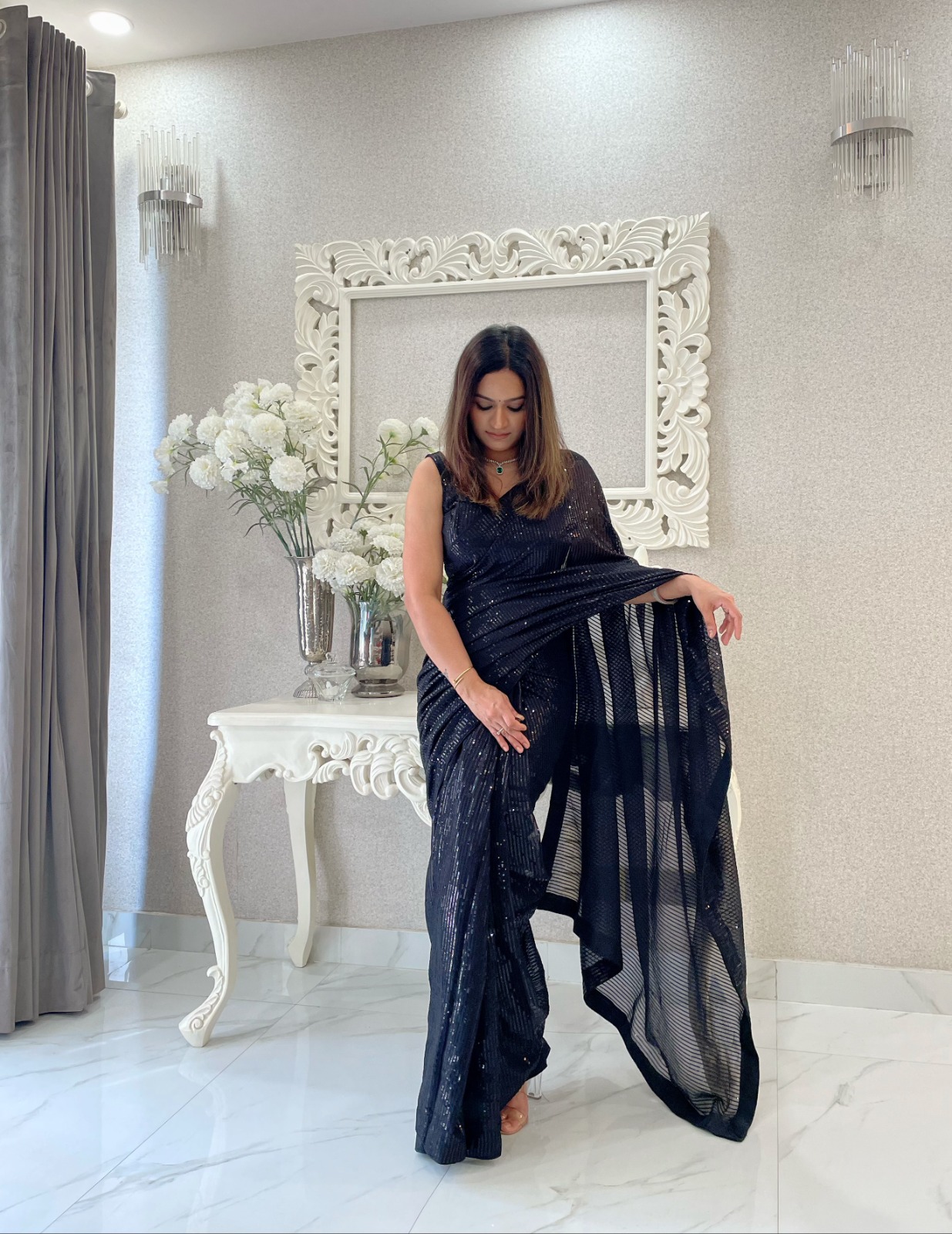 Party Wear Heavy Sequins Work Georgette Saree With Blouse 18046