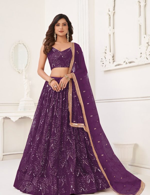Georgeous Embroidered Sequins Work Semi Stitched Net Lehengas For Weddings 2123