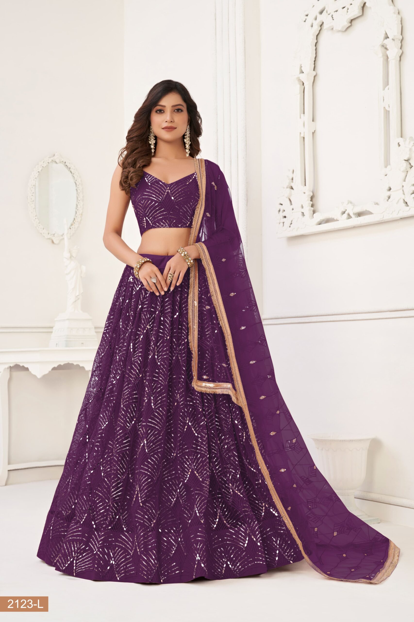 Georgeous Embroidered Sequins Work Semi Stitched Net Lehengas For Weddings 2123