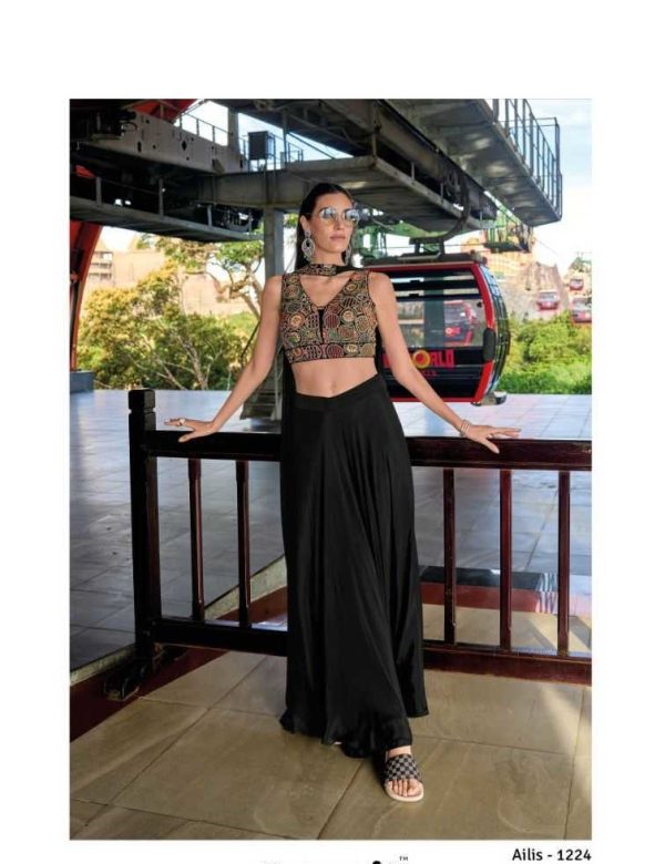 Black Chinon Silk Crop Top, Palazzo & Dupatta Set 1224
