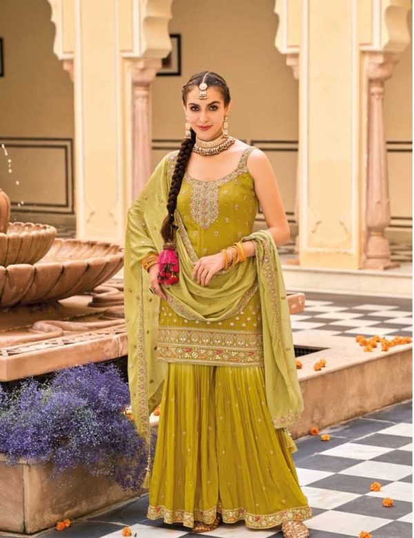 Lemon Green Chinon Silk Gharara Suit For Weddings 1655