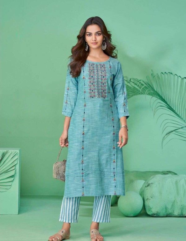 Light Blue Pure Cotton Mirror Work Kurti Pant Set 626