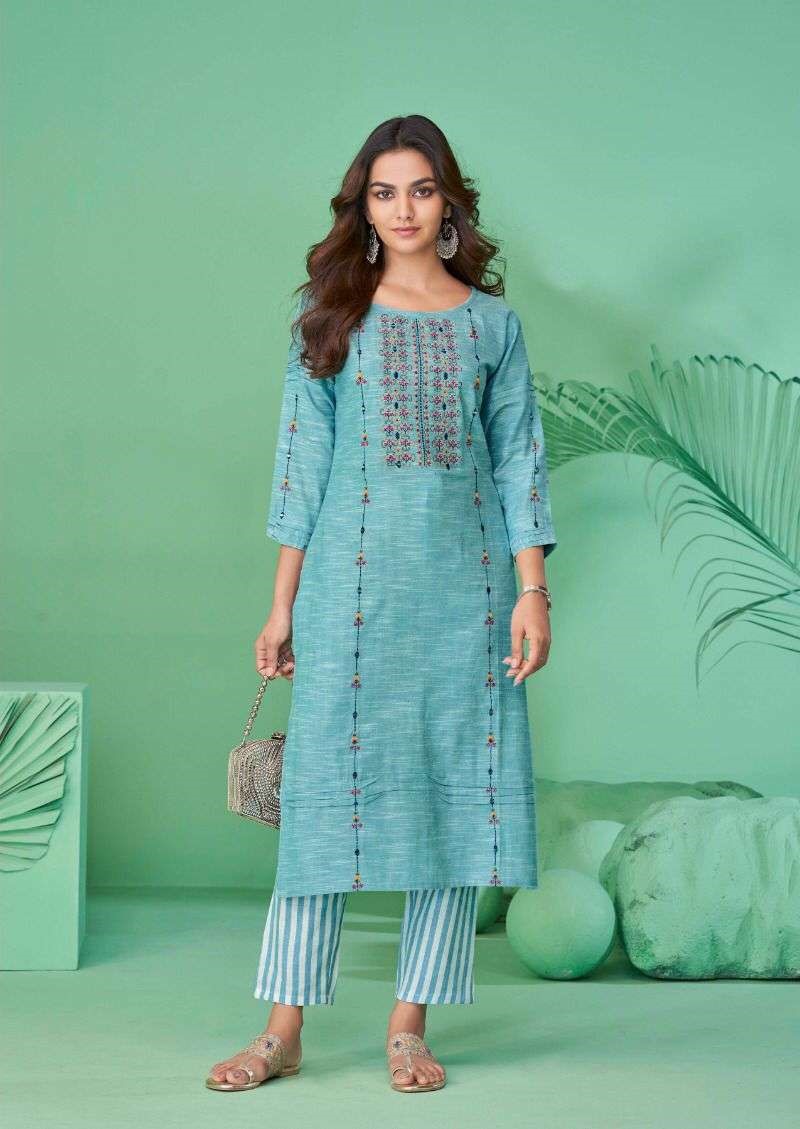 Light Blue Pure Cotton Mirror Work Kurti Pant Set 626