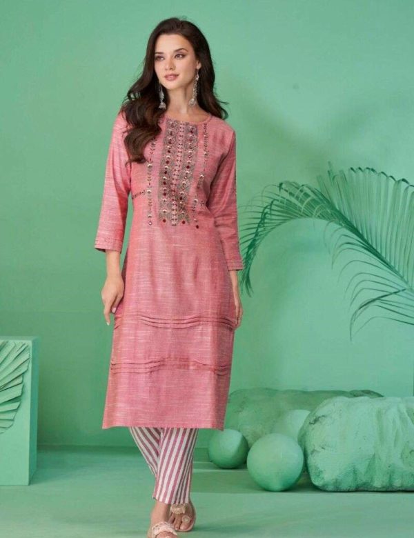 Light Pink Pure Cotton Mirror Work Kurti Pant Set 627