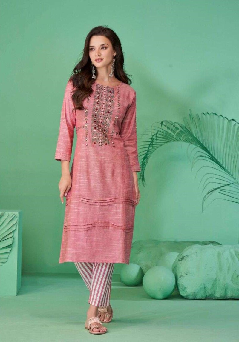 Light Pink Pure Cotton Mirror Work Kurti Pant Set 627