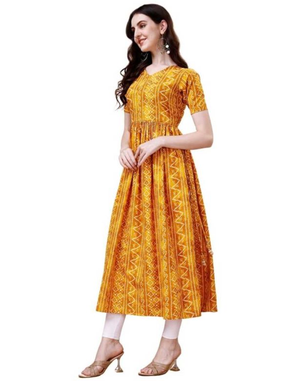 Pure Rayon Yellow Bandhani Nayra Cut Long Kurtis 1081