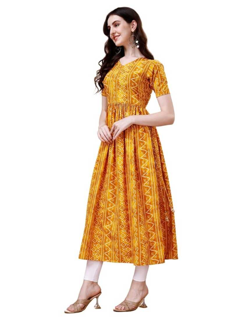 Pure Rayon Yellow Bandhani Nayra Cut Long Kurtis 1081