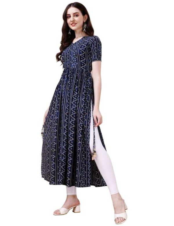 Pure Rayon Navy Blue Bandhani Nayra Cut Long Kurtis 1082
