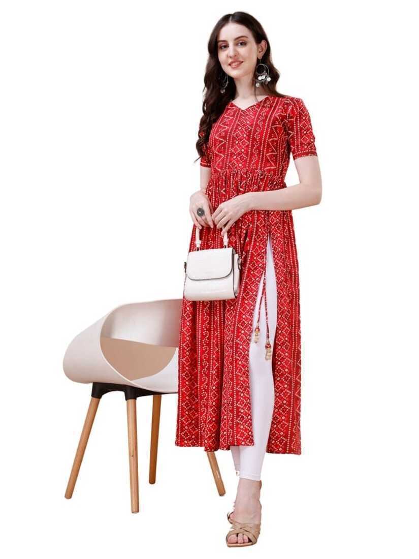 Pure Rayon Red Bandhani Nayra Cut Long Kurtis 1083