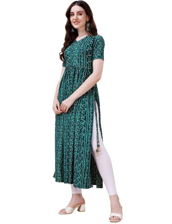 Pure Rayon Green Bandhani Nayra Cut Long Kurtis 1084