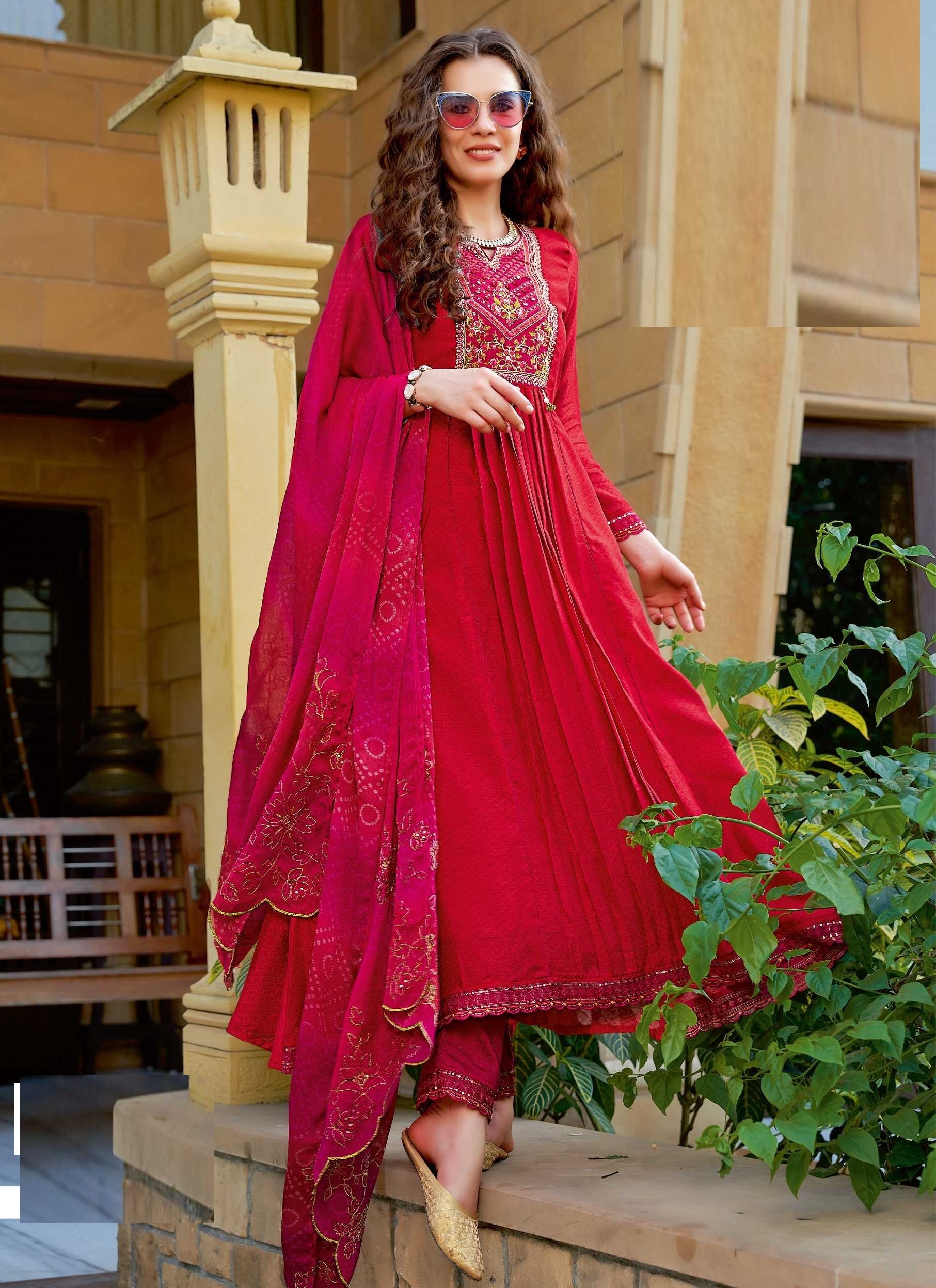 Red Silk Anarkali Style Festive Wear Churidar Suits 4994