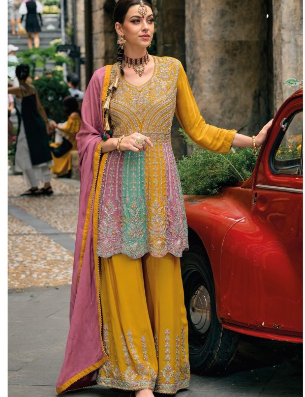 Yellow Multicolor Thread Work Wedding Chinon Silk Semi Stitched Palazzo Suit 1608