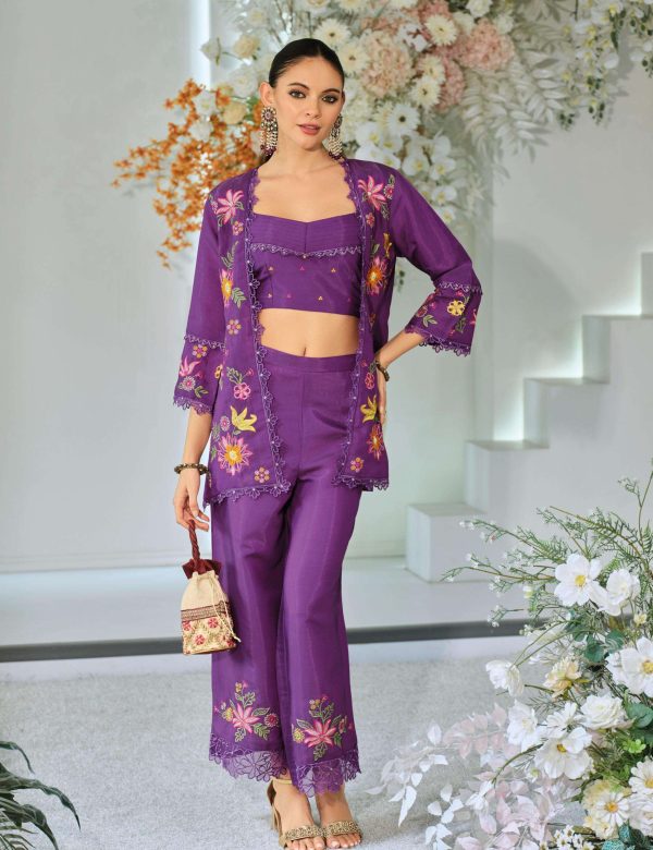 Trendy Silk Wedding Outfit Indo Western Crop top, Jacket And Palazzo Set 45601