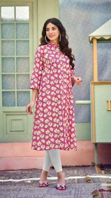 Light Pink Floral Print A Line Cotton Kurtis 1001