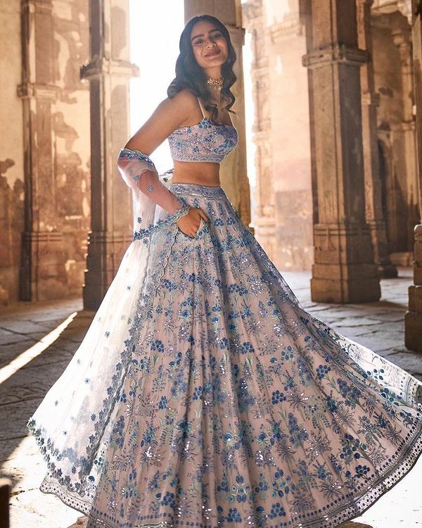 Light Blue Floral Embroidery Georgette Semi Stitched Wedding Lehenga E-008