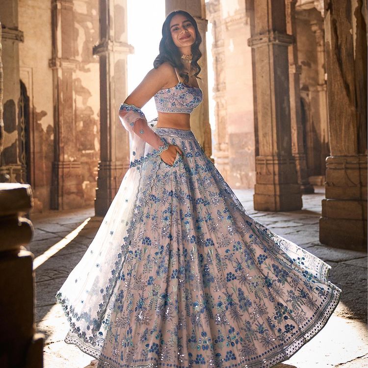 Light Blue Floral Embroidery Georgette Semi Stitched Wedding Lehenga E-008