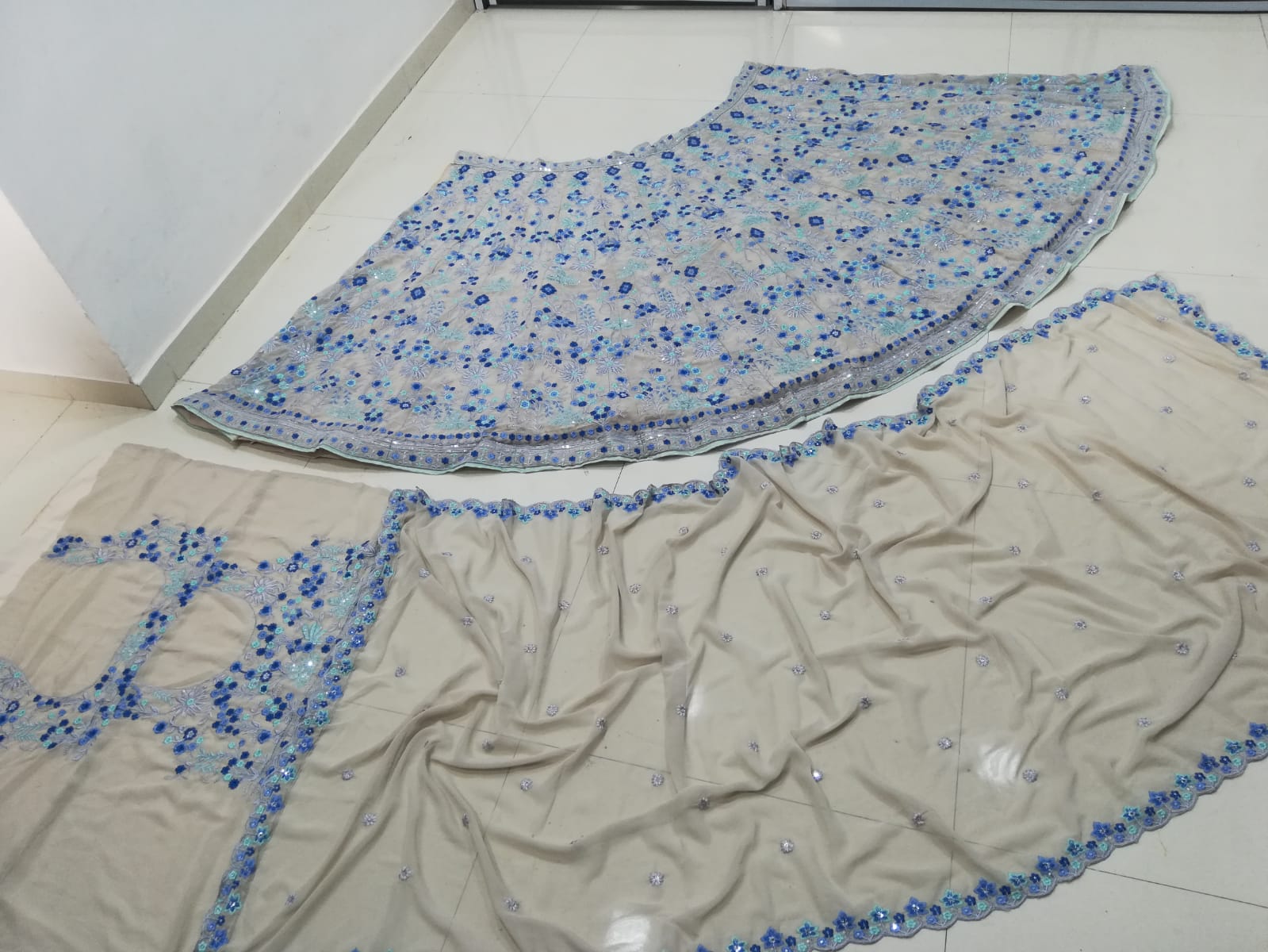 Light Blue Floral Embroidery Georgette Semi Stitched Wedding Lehenga E-008 - Image 4