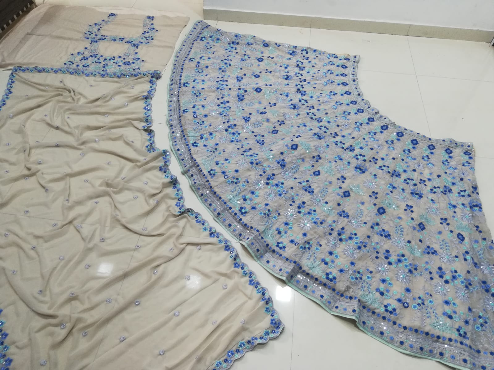 Light Blue Floral Embroidery Georgette Semi Stitched Wedding Lehenga E-008 - Image 5