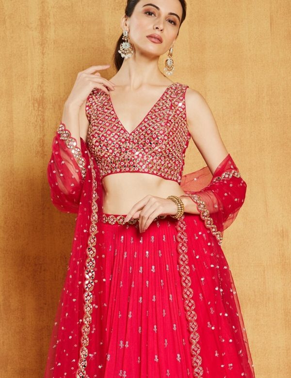 Party Wear Red Georgette Semi Stitch Lehenga E-011