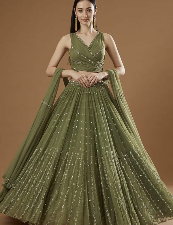 Olive Green All Over Embroidery Sequins Work Wedding Lehenga E-027