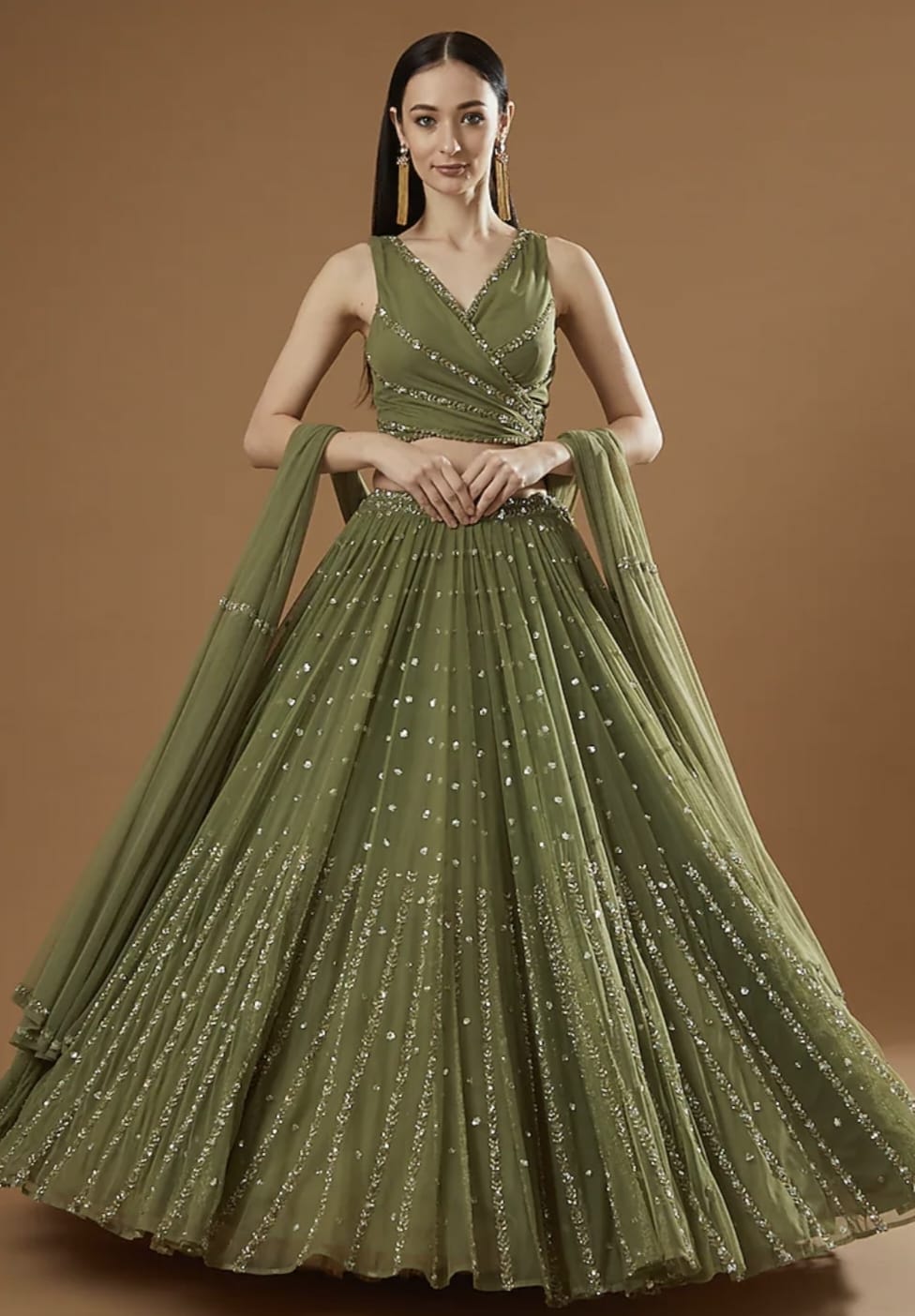 Olive Green All Over Embroidery Sequins Work Wedding Lehenga E-027