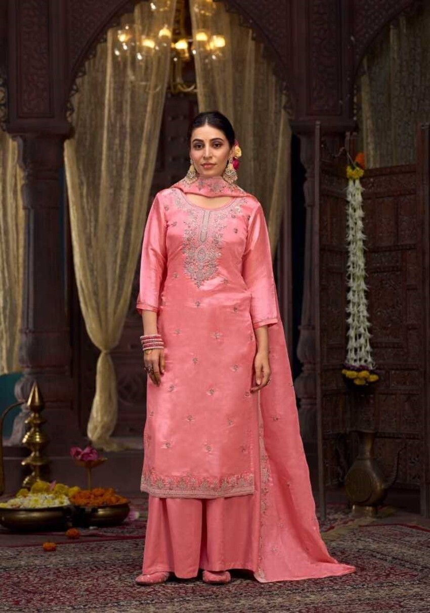 Light Pink Hand Work Organza Silk Full Stitched Plus Size Festive Suits 12125