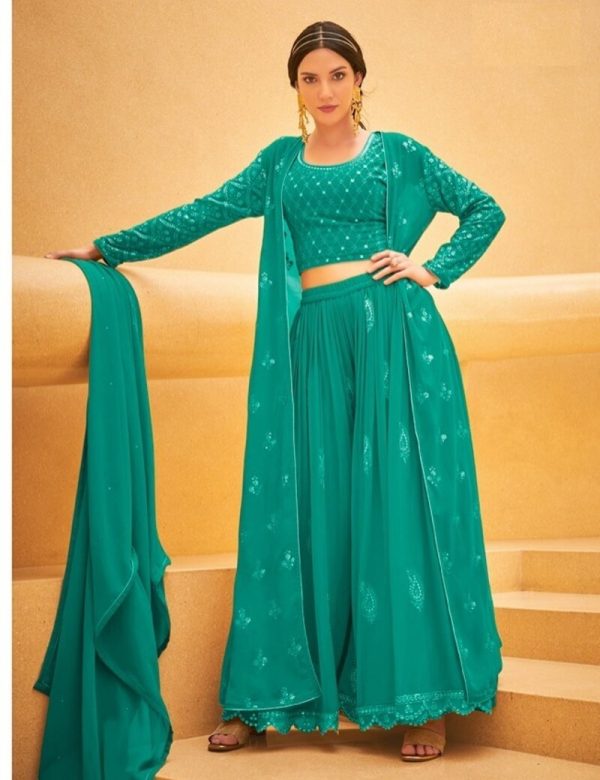 Wedding Collection Indowestern Pure Georgette Crop Top, Palazzo & Shrug Set 5113