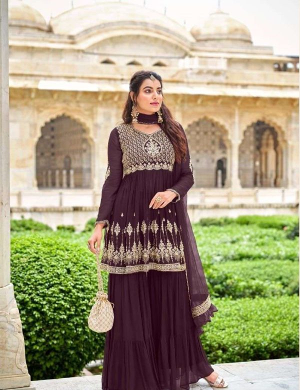 Wine Georgette Full Stitch Wedding Gharara Suits 501