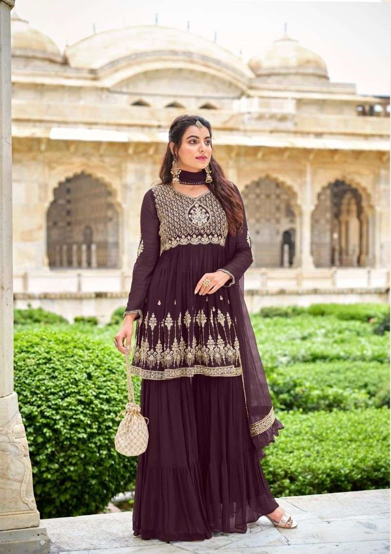 Wine Georgette Full Stitch Wedding Gharara Suits 501