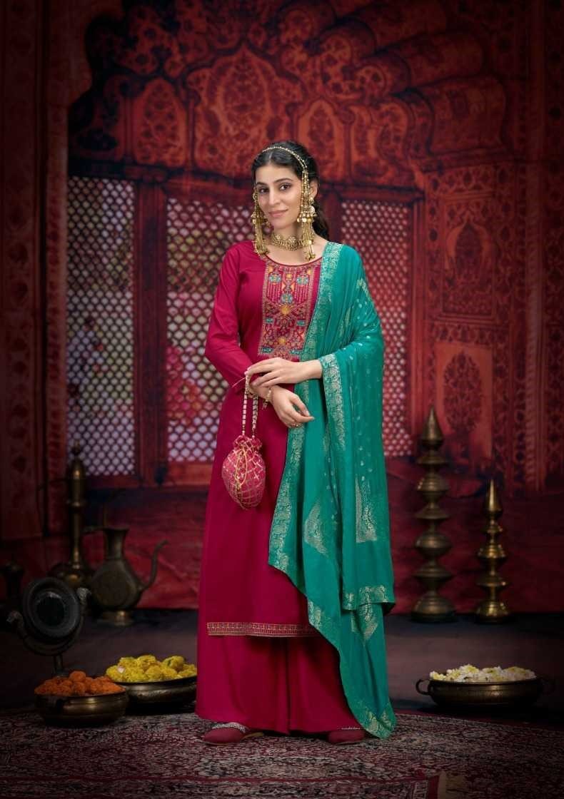 Rose Pink Full Stitched Plus Size Silk Suits With Jacquard Dupatta 12176