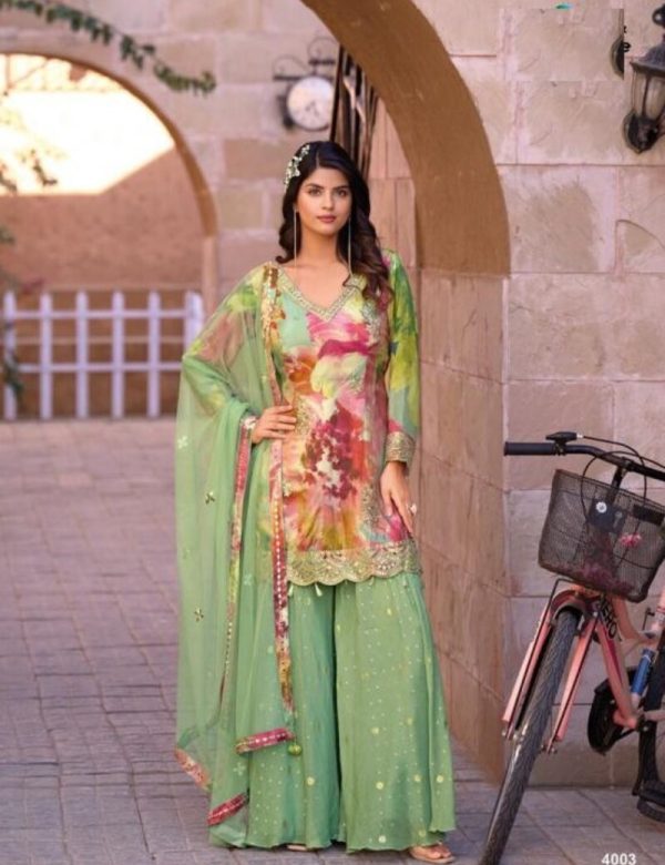 Olive Green Floral Print Chinon Silk Party Wear Free Size Gharara Suit 4003
