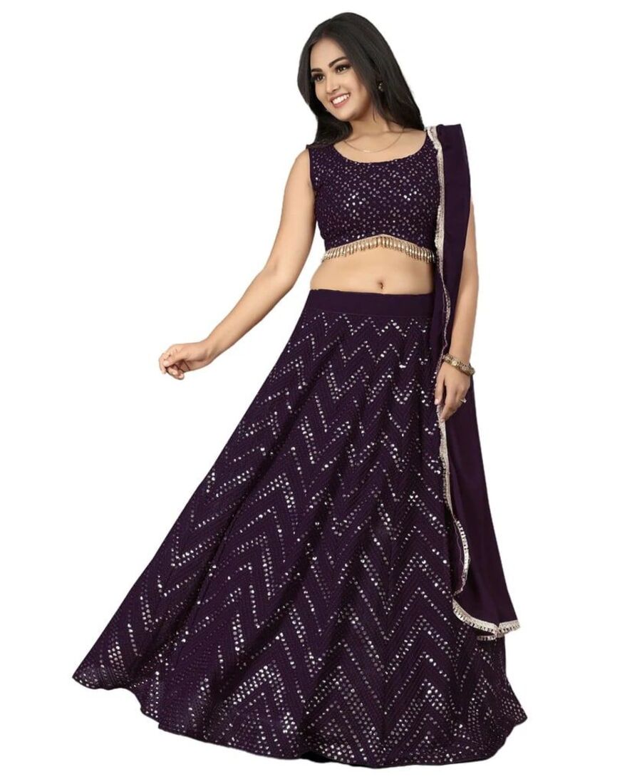 Indo Western Wine Sequins Work Wedding Lehenga 283