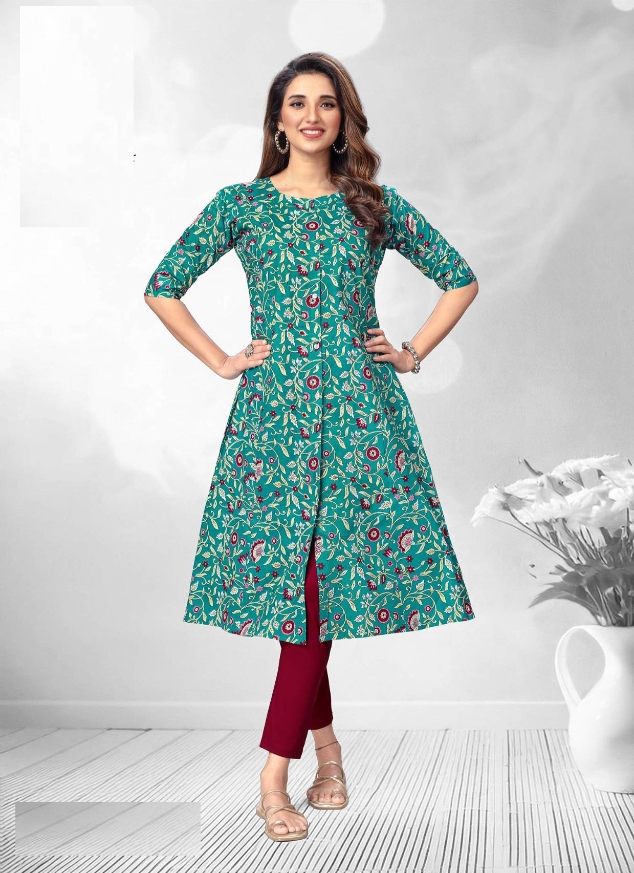Sea Green Printed A Line Cotton Kurtis 2001