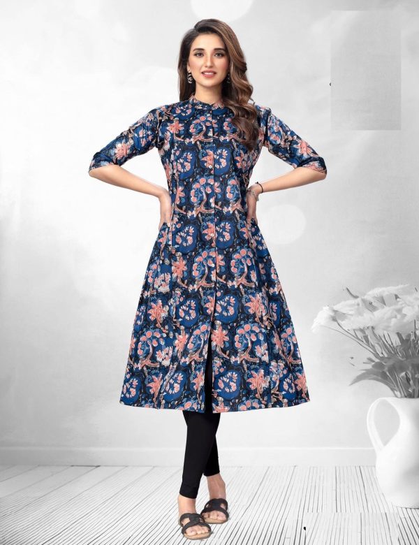 Light Blue Printed A Line Cotton Kurtis 2004